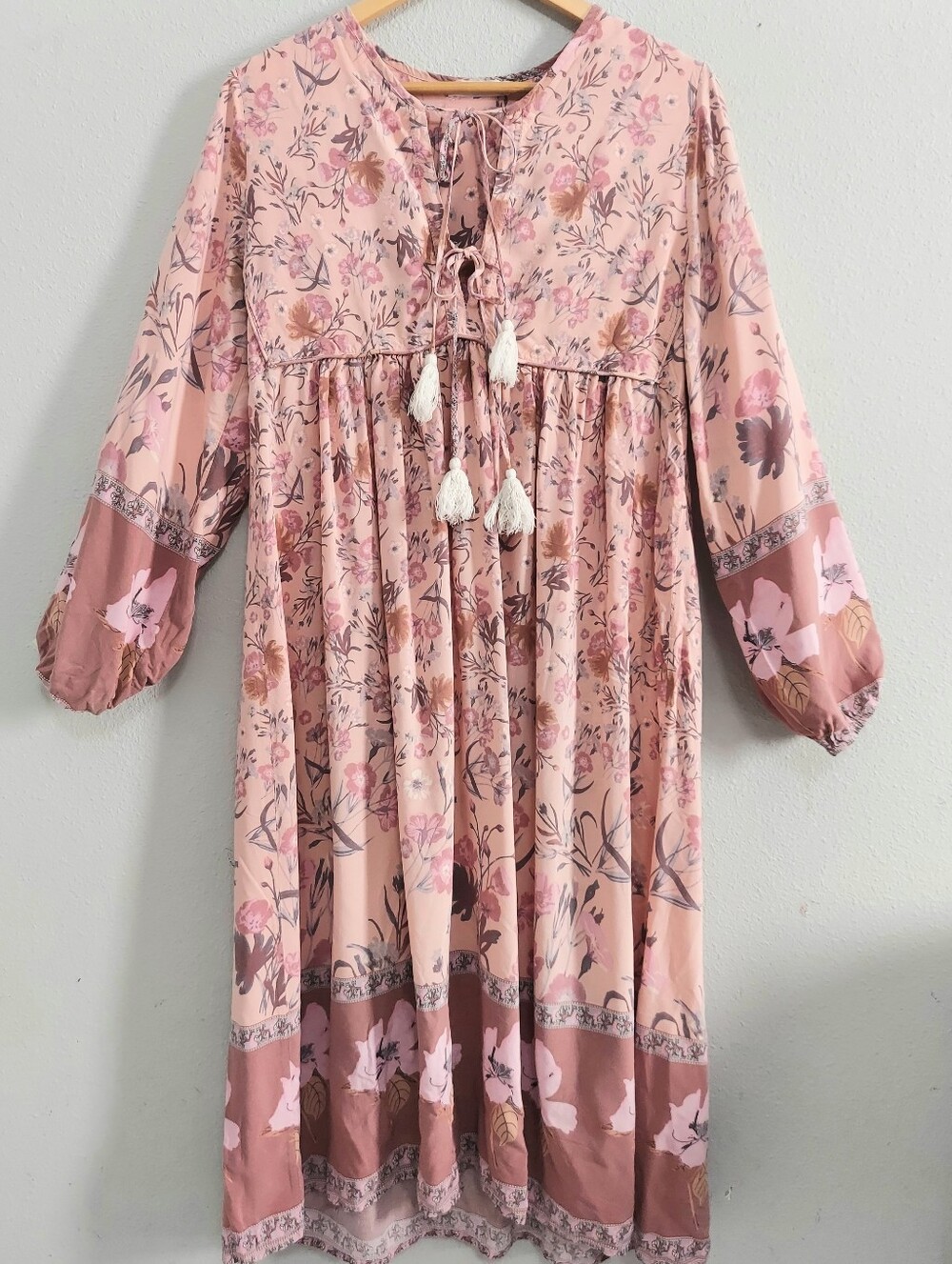 R. Vivimos Boho Prairie Floral Long Sleeve Tassel Ties Midi Dress Pink Medium